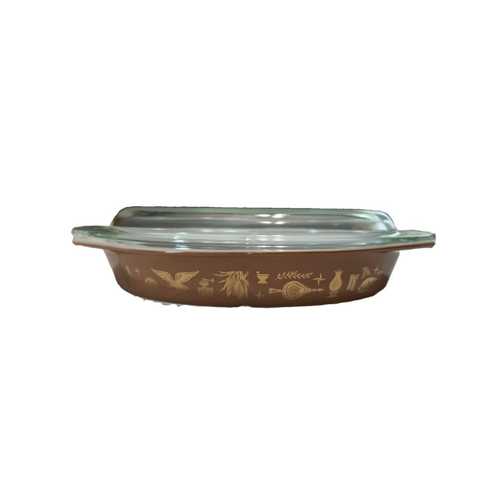 Vintage Pyrex Brown 22k Gold Early American Divided Casserole Dish W/ Lid 1.5 QT